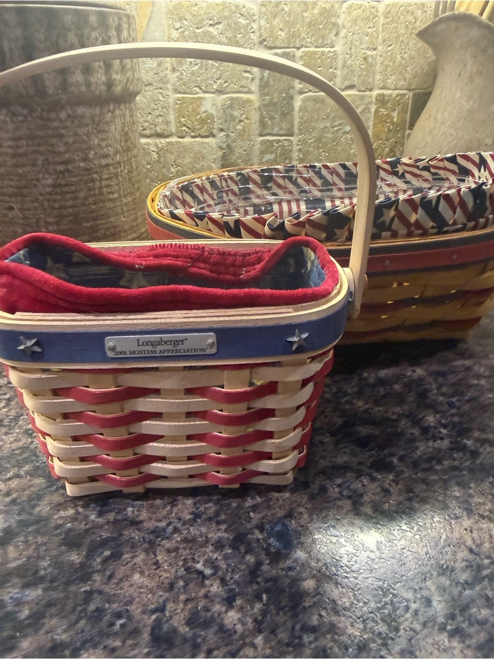 Longaberger Red, White & Blue Woven Handled Basket with Liner